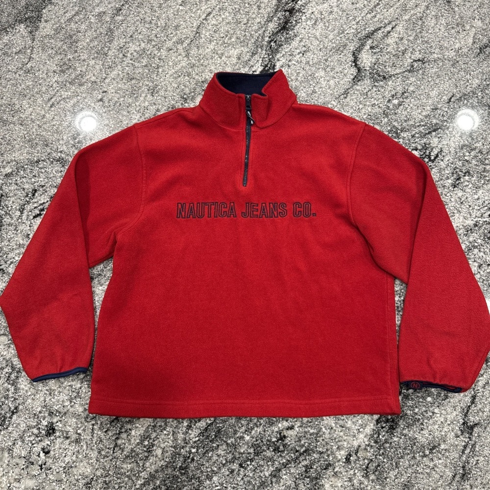 Nautica Jeans‎ Co Fleece Mens Large Red Quarter Zip Pullover Vintage 90s Y2K #81